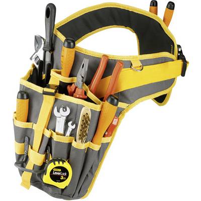 A tool belt filled with various hand tools. Contains pliers, screwdrivers, spanners, and a measuring tape.