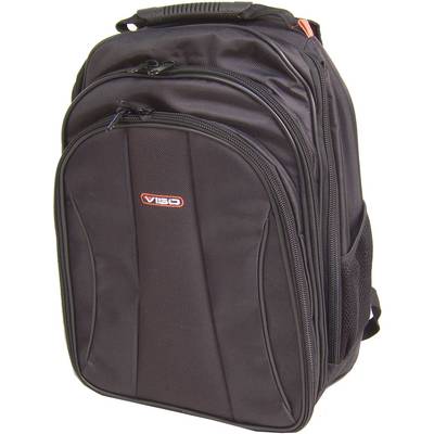 A black rucksack with multiple compartments and zips. A red logo is positioned on the front.