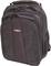 A black rucksack with multiple compartments and zips. A red logo is positioned on the front.