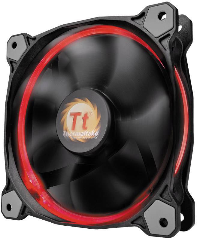 Black computer fan with a red LED light ring and 'Thermaltake' logo in the centre.