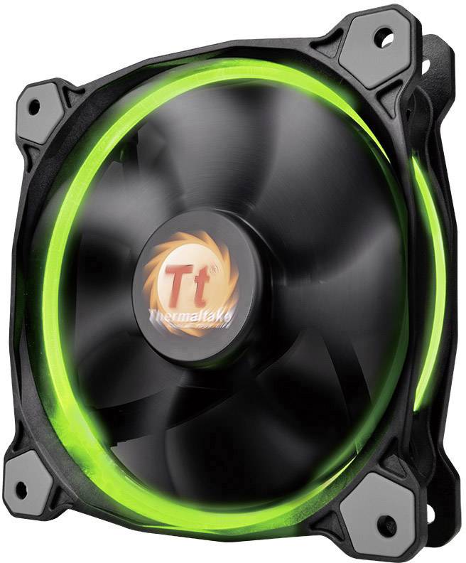 A PC case fan with green LED lighting, four black fan blades and an orange logo in the centre of the hub.