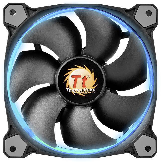 A black computer fan with blue LED lights, with the 'Thermaltake' logo in the centre.