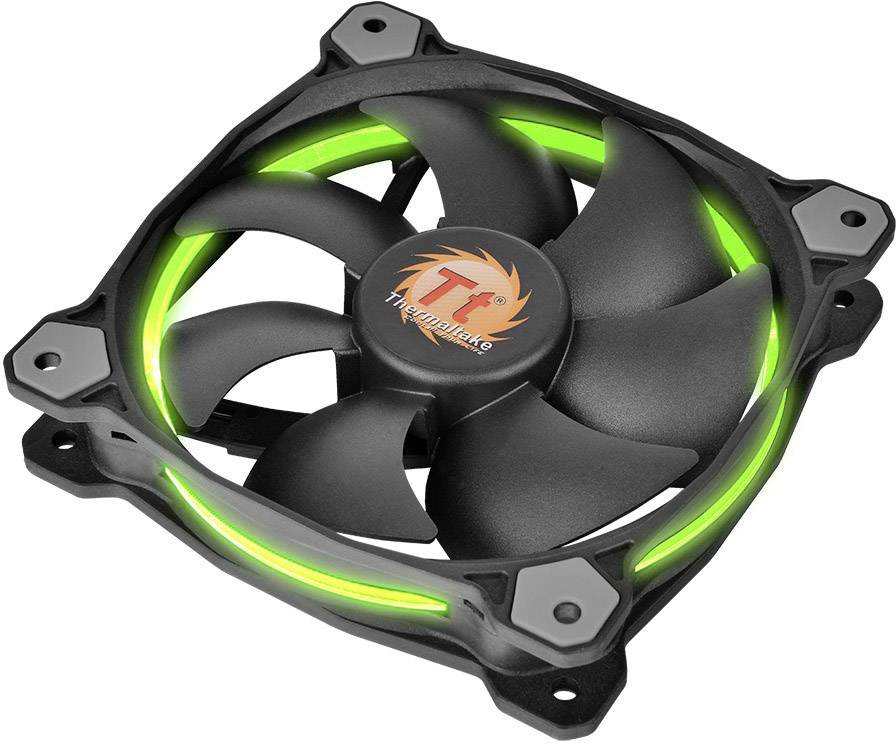 Black computer fan with green LED light, five rotor blades, square mounting bracket with four screw holes.