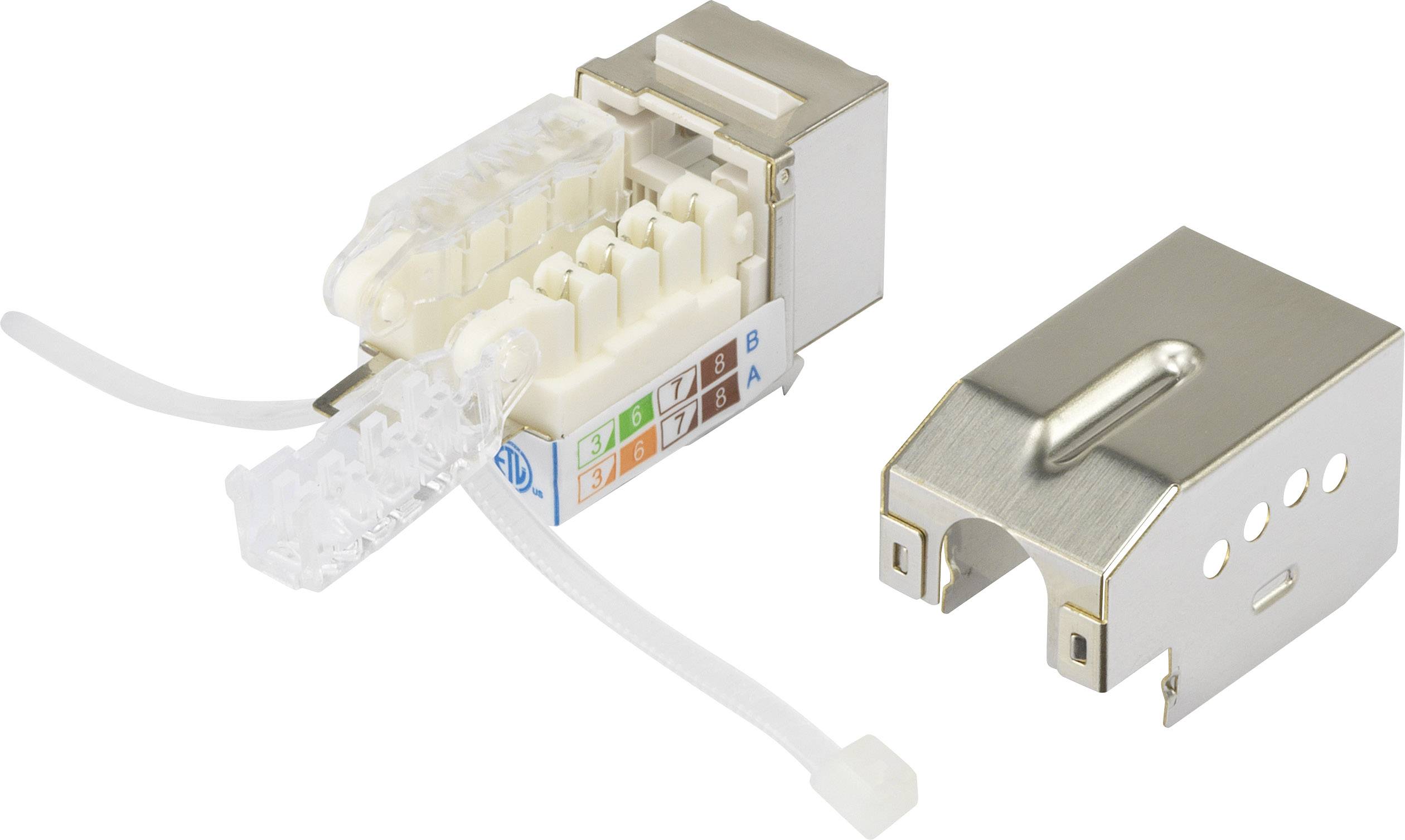 A modular RJ45 network plug, partially opened, reveals the coloured connection positions for an Ethernet cable.