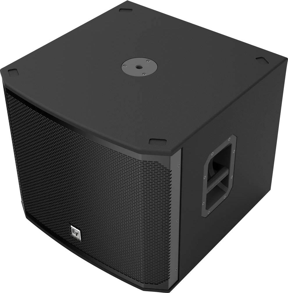 A black loudspeaker subwoofer with a rectangular shape. Serial number and brand logo visible on the front.