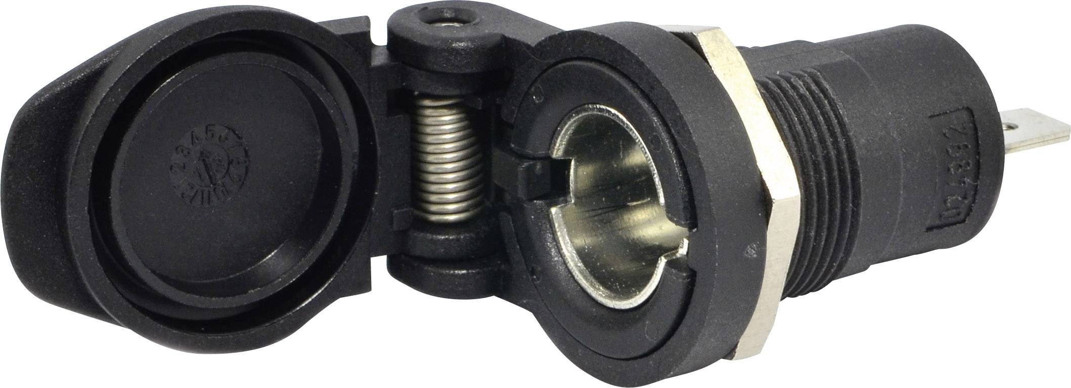 A black cigarette lighter socket with an open lid, suitable for 12V connection in vehicles.
