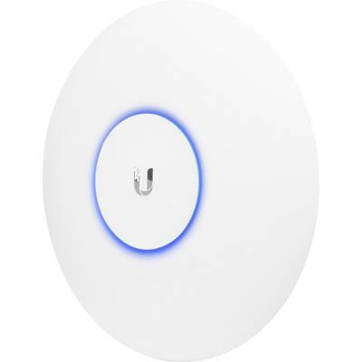 Round, white Wi-Fi access point device with a blue LED light ring around the logo in the centre.