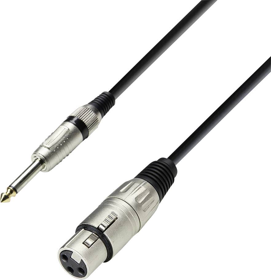 'A black cable with a 6.3 mm jack plug on the left and an XLR plug on the right. It is used to connect audio devices.'