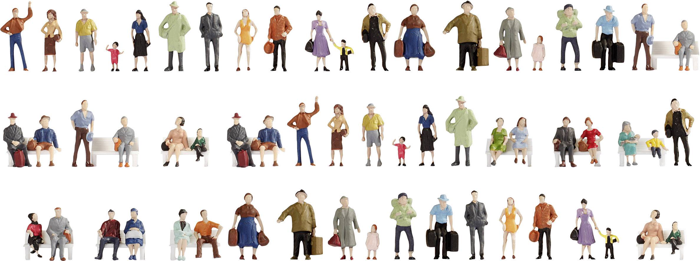 Various miniature figures of people in colourful outfits, some with luggage. The figures display diversity in age and clothing.