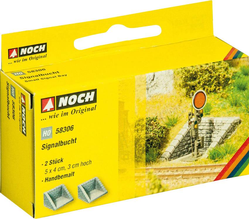 Yellow packaging for 'Noch' featuring an illustration of a signal bay next to railway tracks. Contains two hand-painted models in HO scale.