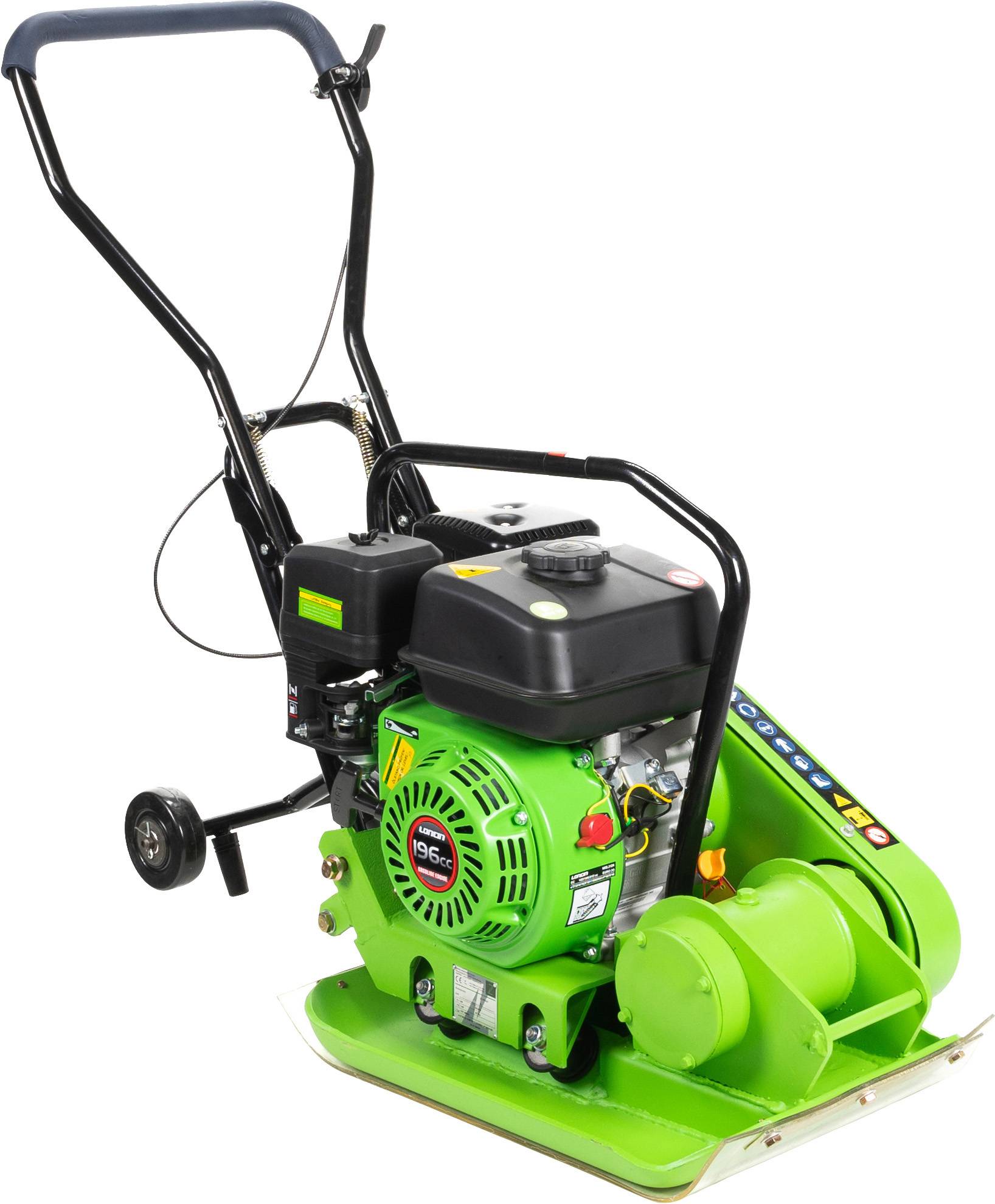 Green vibrating plate with a black handle and motor, on a white background. Used for ground compaction during construction work.