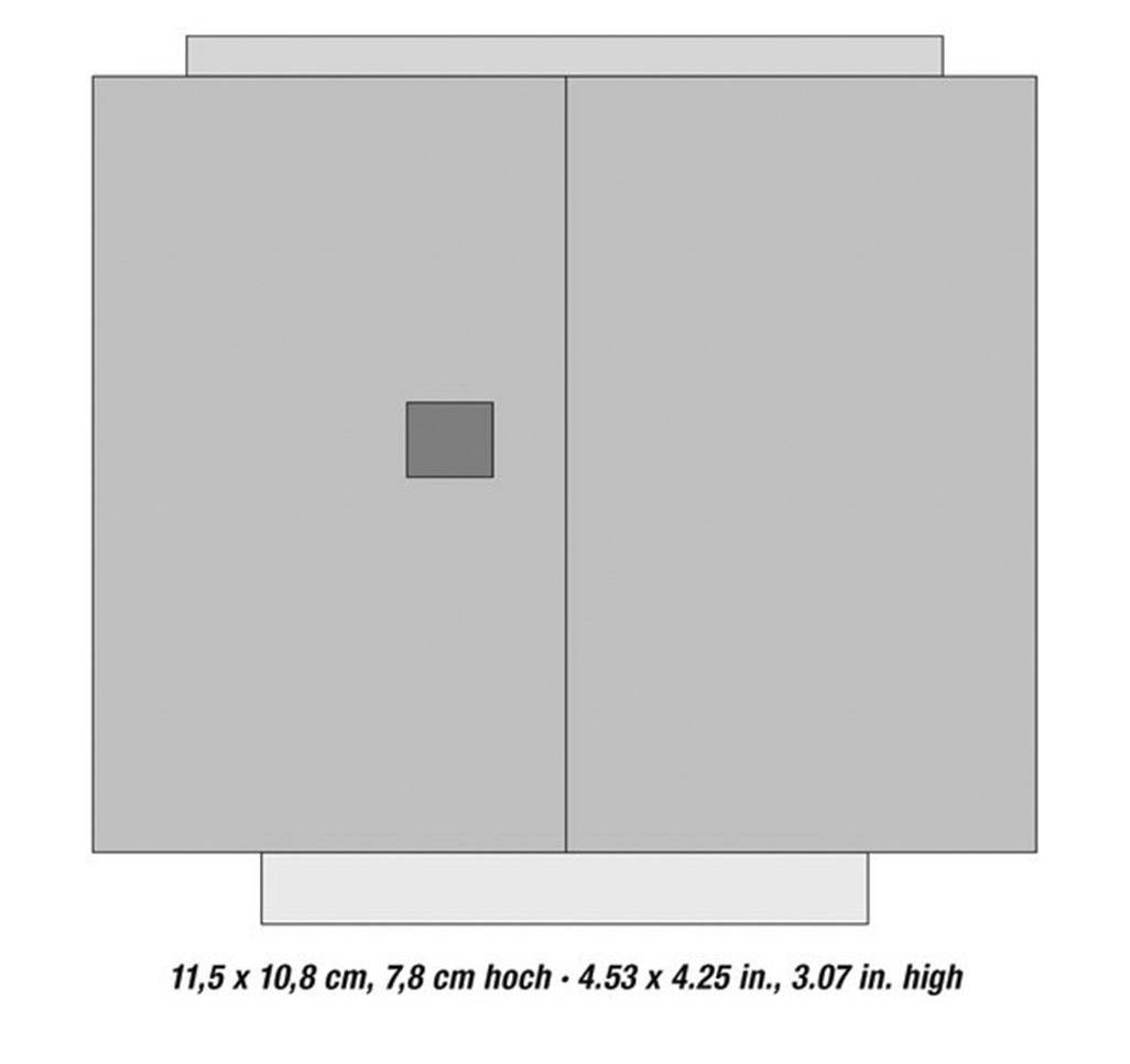 'Grey square design with a smaller square in the centre right. Dimensions: 11.5 x 10.8 cm, 7.8 cm high.'
