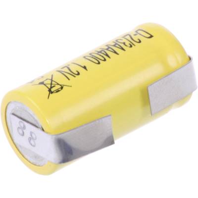 Yellow, cylindrical battery with metal tags for electrical connections, labelled with 'O23AA400 1.2V' and a warning symbol.