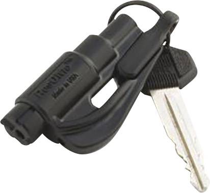 A black car safety tool key fob with a metal blade, attached to a house key.