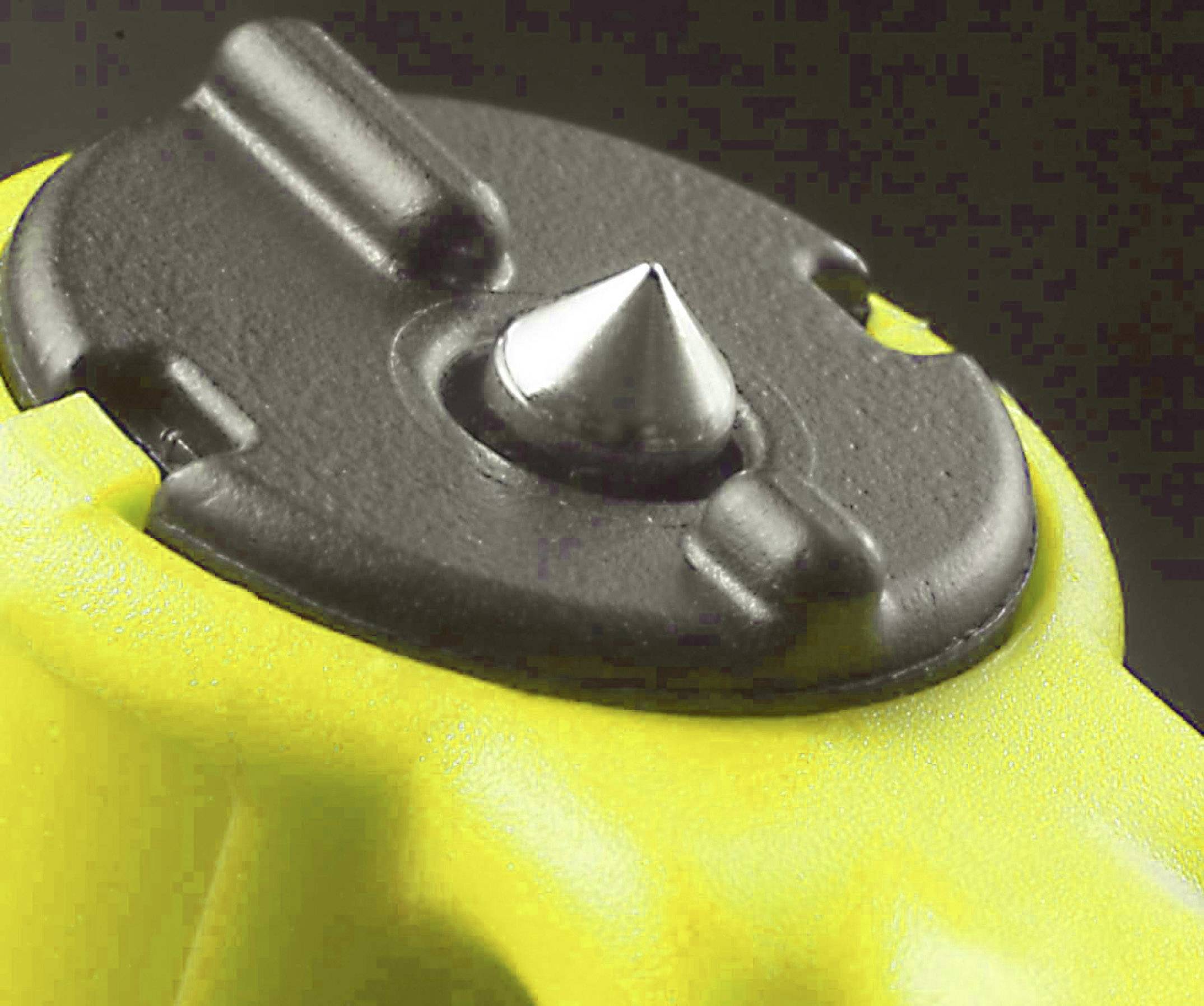 Close-up of a tool with a black and yellow handle and a silver, conical metal pin.