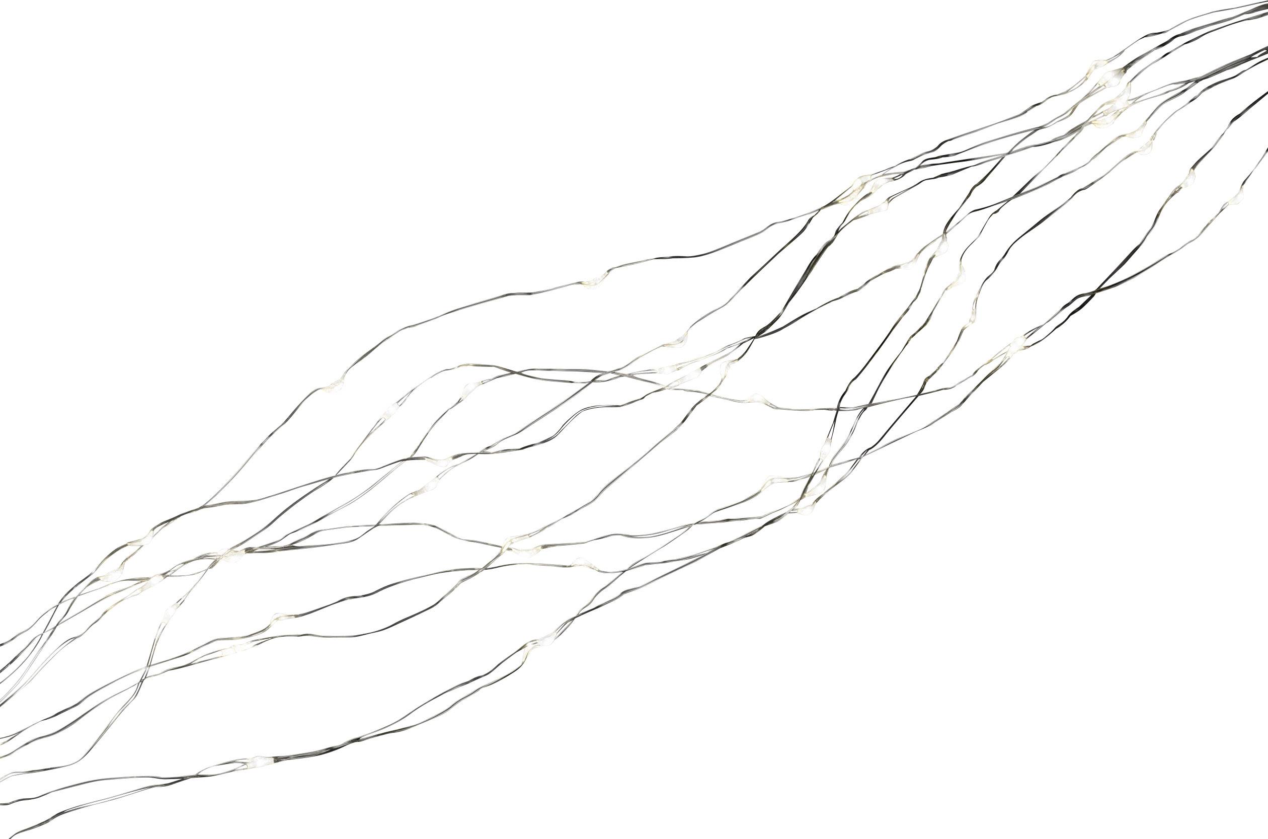 Several white fairy lights on a white background. The lights are distributed and illuminated at irregular intervals.