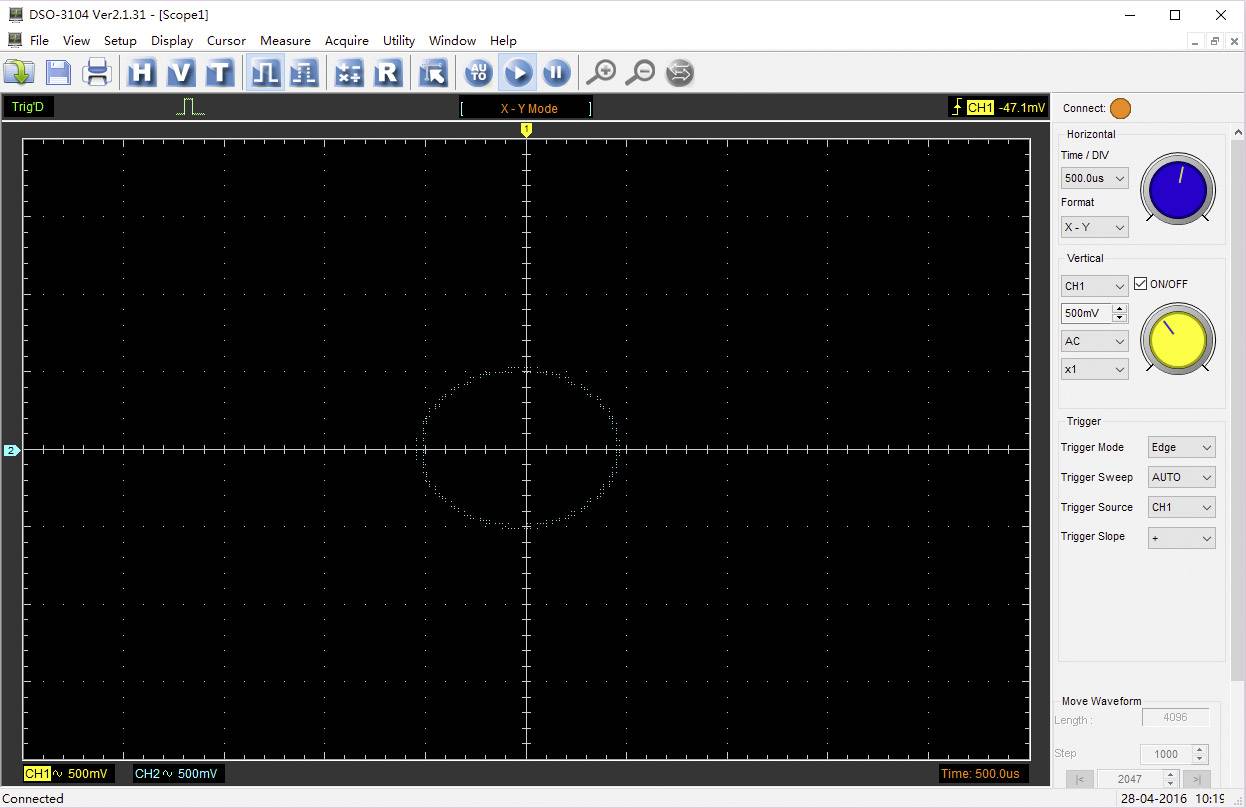 'Oscilloscope screen shows circular signal at 500 mV per division and 5 ms per division. XY mode with trigger settings visible.'