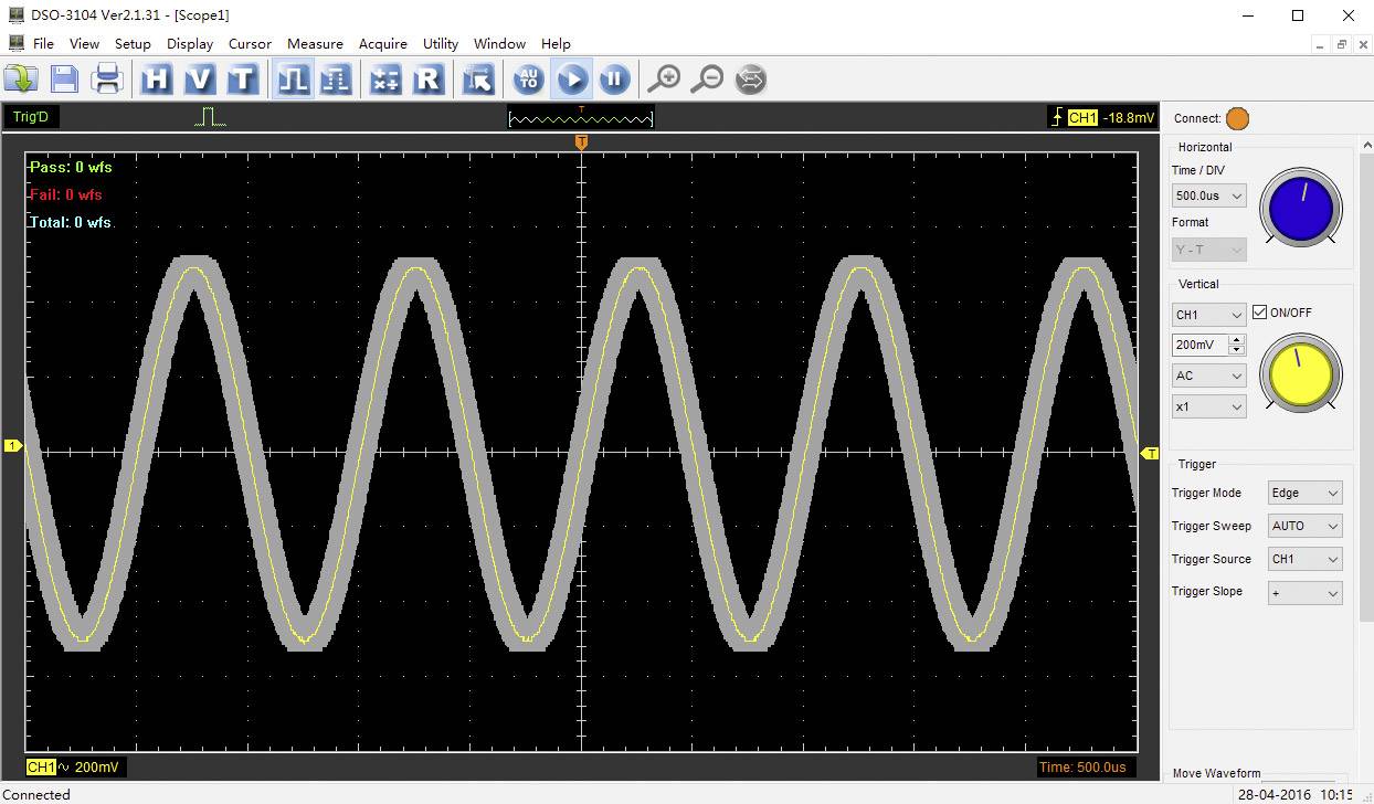 Oscilloscope screen shows two sinusoidal waves. Yellow wave has a larger amplitude than the green one. Time axis at the bottom, voltage on the left.