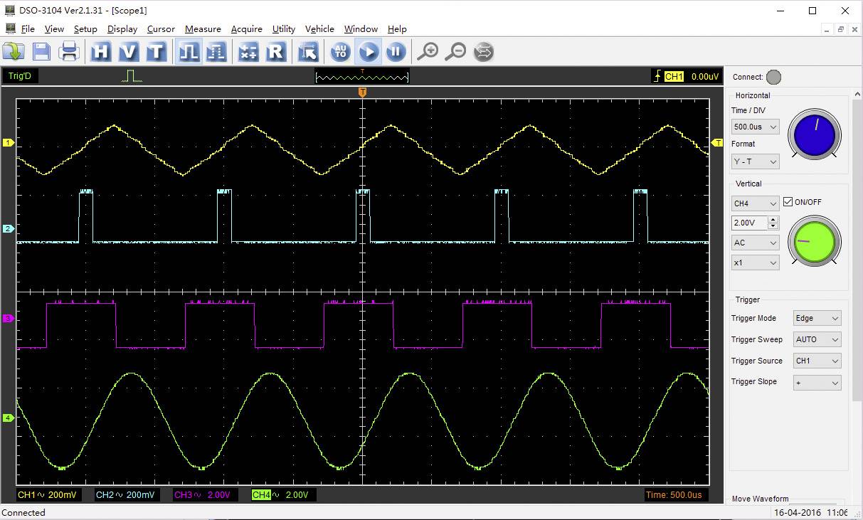 An oscilloscope displays two wave-like signals: at the top, a yellow square wave, and below, a purple sine wave. Both signals are overlapping in time.