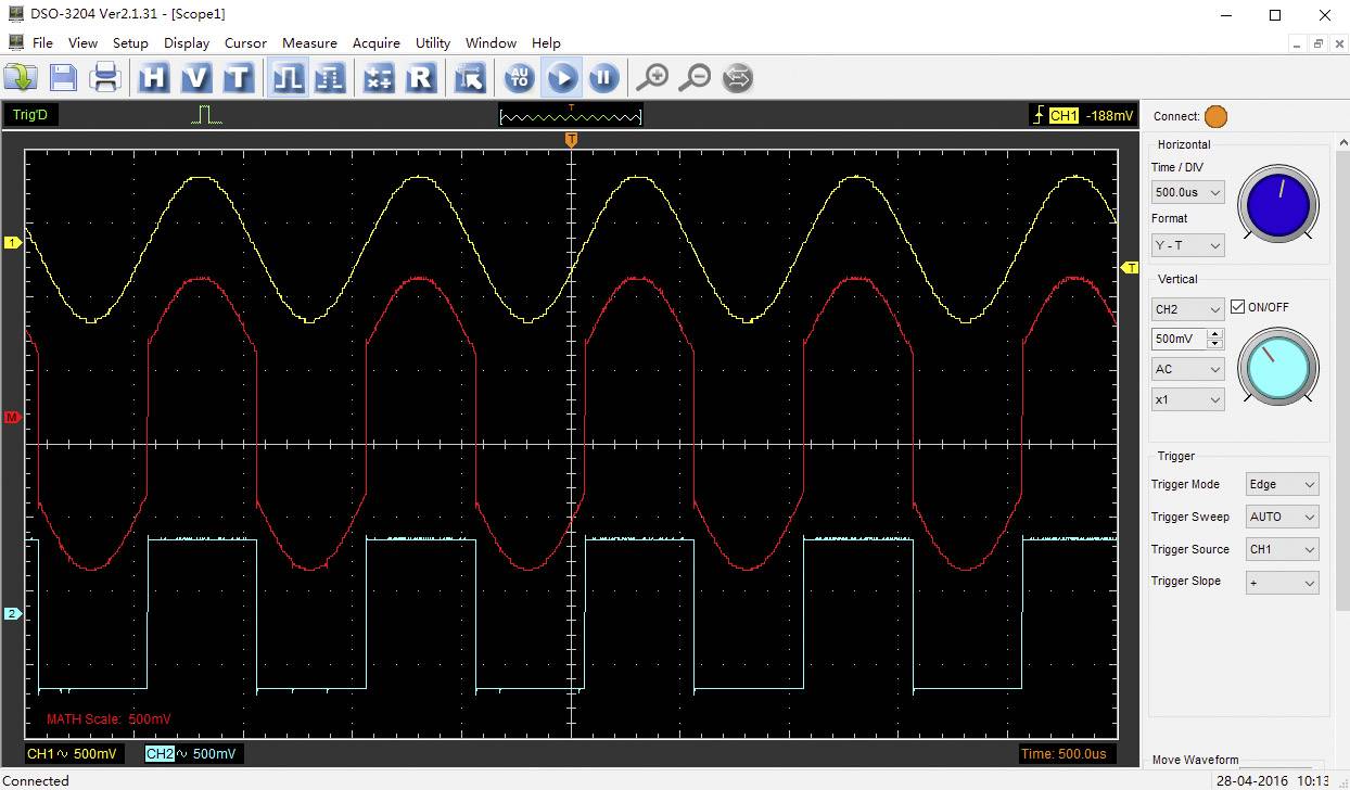 Oscilloscope display with three waveforms: Yellow sine wave, red sine wave, and blue square wave. Measurement values and parameters visible.