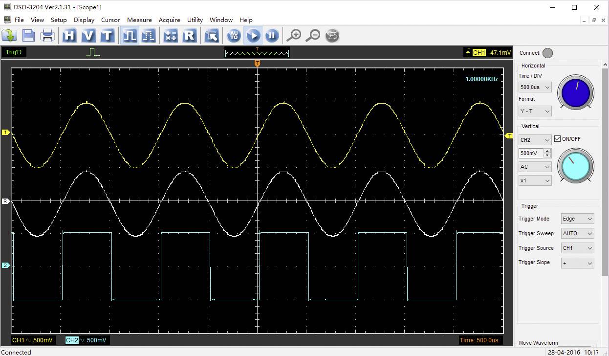 An oscilloscope screen displays two waveforms: a sine wave and a square wave. Both are synchronised along the time axis.