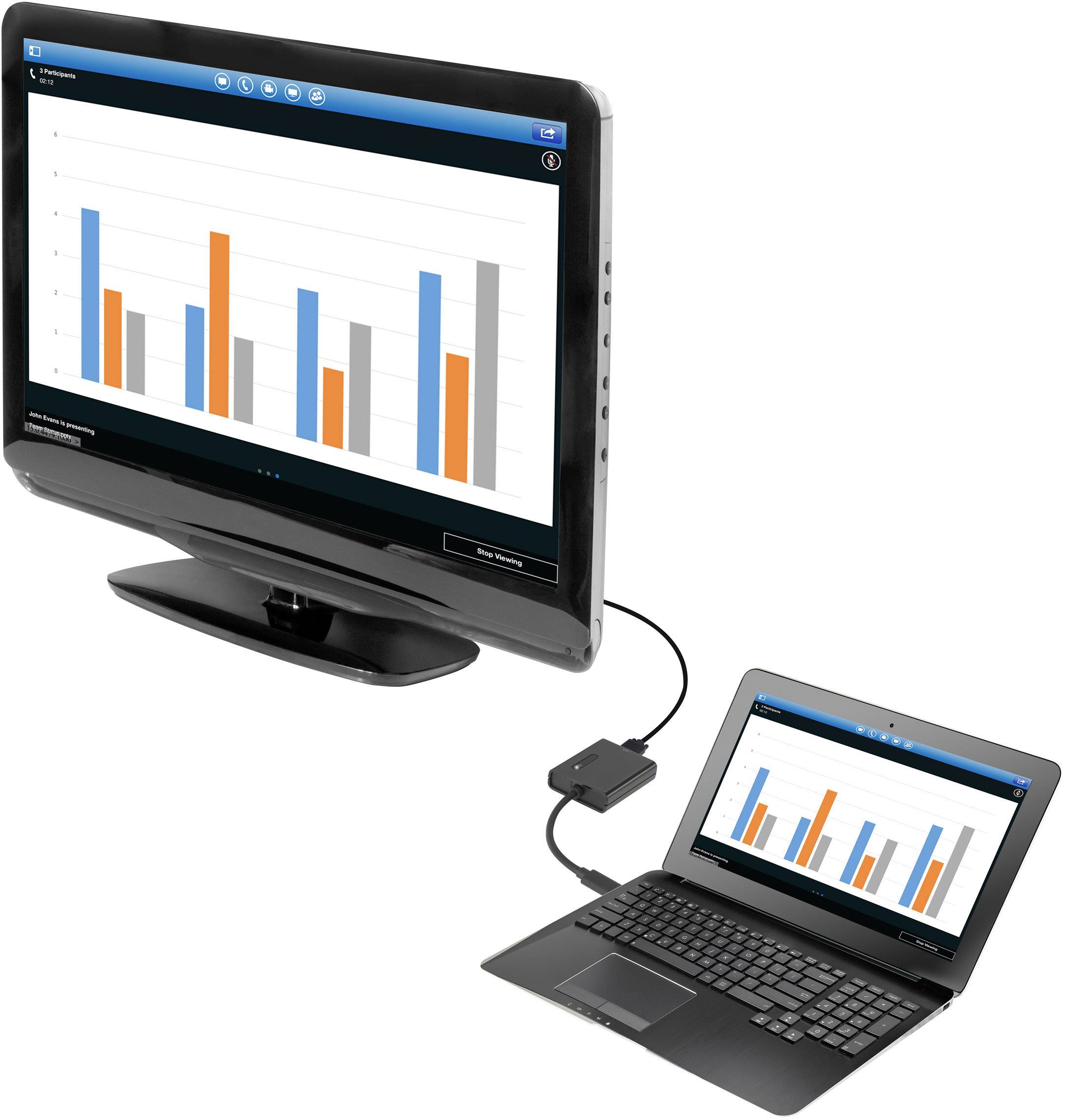 A laptop is connected to a monitor via a cable. A bar graph is displayed on both screens.
