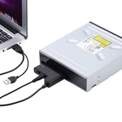 An external DVD player is connected to a laptop via a USB cable.