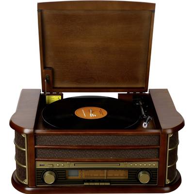 A vintage record player with an open lid plays a vinyl record. The device has a wood-panelled design.
