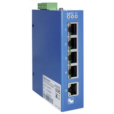 Blue network switch with five Ethernet ports, LEDs for ALM, P2, P1 at the top. The ports are numbered on the right side of the image.