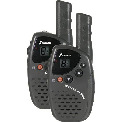 Two black two-way radios with aerials, digital display and multiple buttons, one with the text 'freecomm 200'.