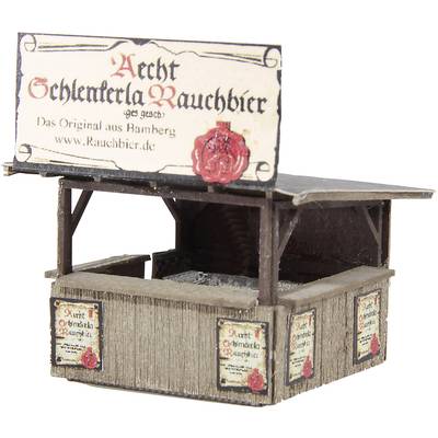 A miniature hut model with a sign 'Aecht Schlenkerla Rauchbier', promoting the traditional smoked beer from Bamberg.