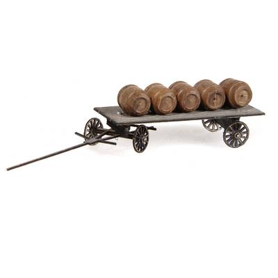 A metal model wagon with six wooden barrels on top. The wagon has four wheels and a long towing handle.
