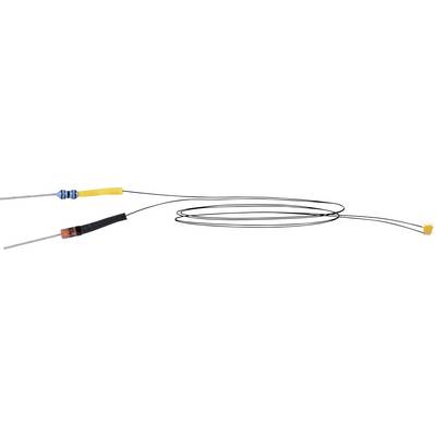 A flexible cable connects two metal tips that are encased in coloured insulators. Suitable for electrical measurements.