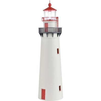 White lighthouse with a red top and railings.