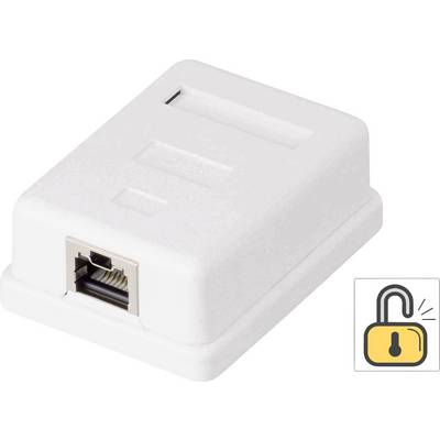 A white network adapter housing with an Ethernet port. A symbol beside it shows an open padlock, representing wireless connections.
