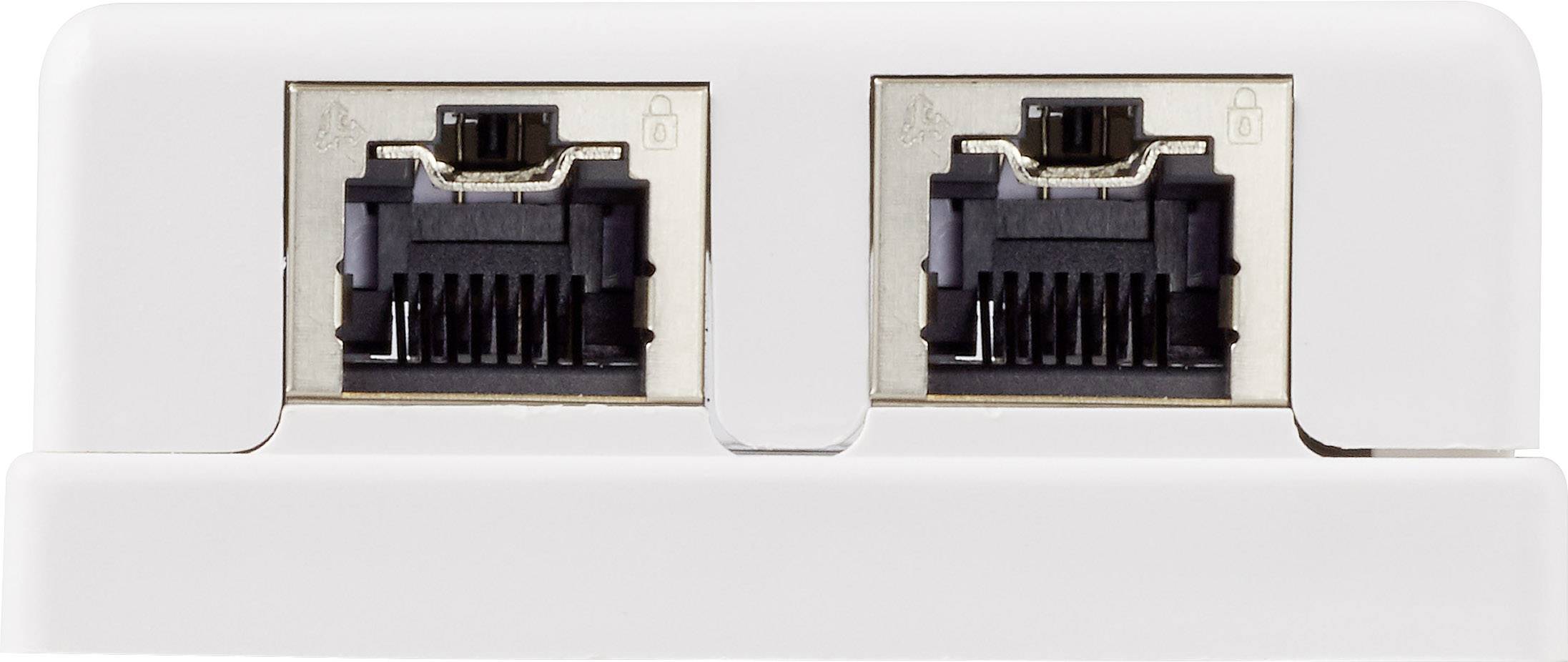 Two adjacent Ethernet ports on a white network socket, ready for connection in a technical environment.