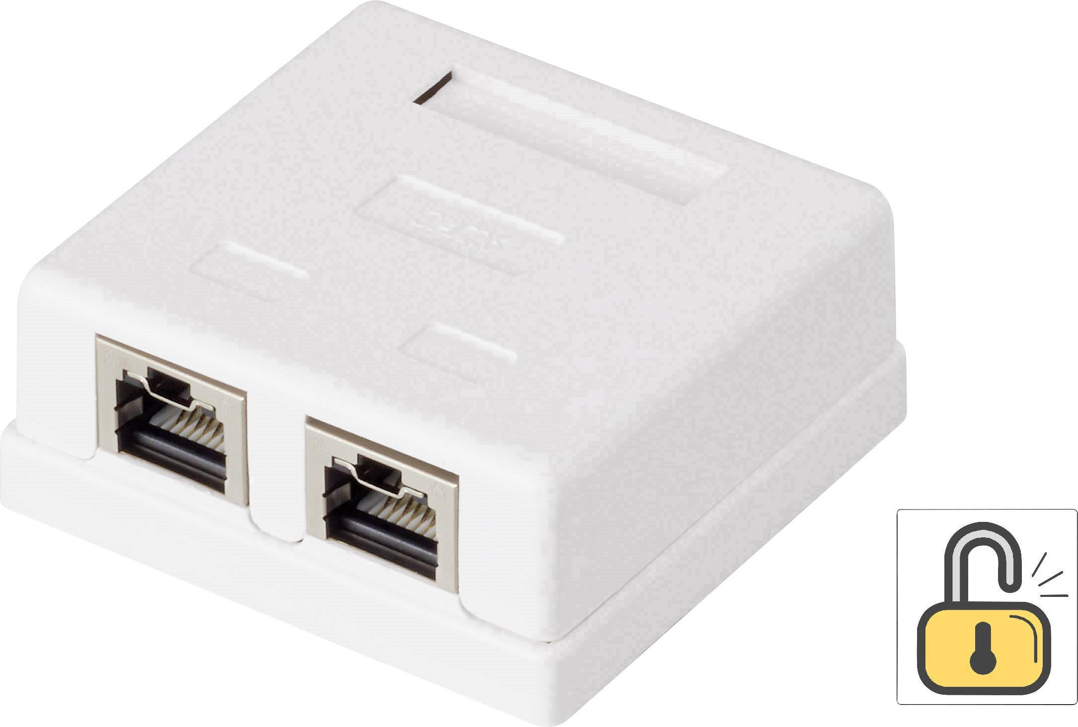 'White network wall socket with two Ethernet ports. Symbol: Open padlock in yellow and black located bottom right.'