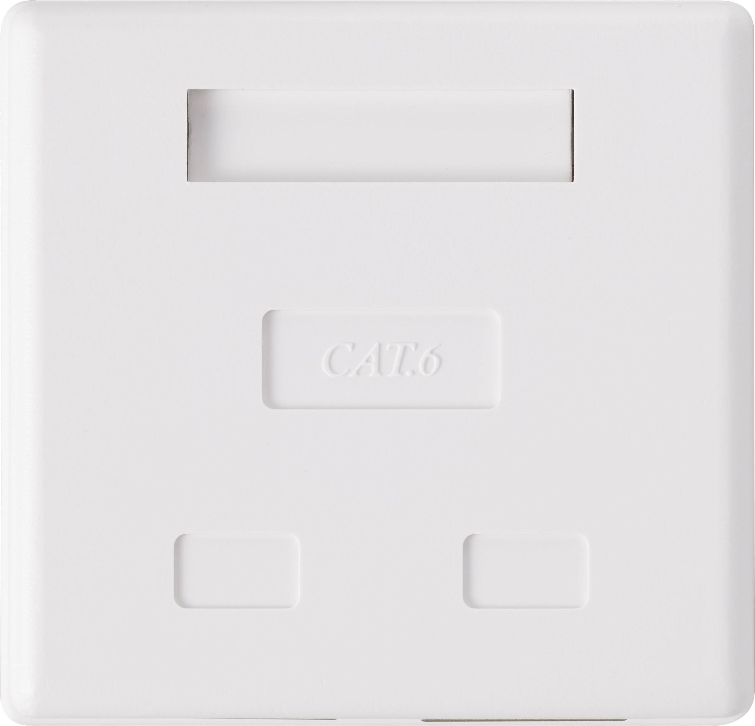 White network socket with CAT6 labelling, square in shape, with no connected cables or plugs visible.