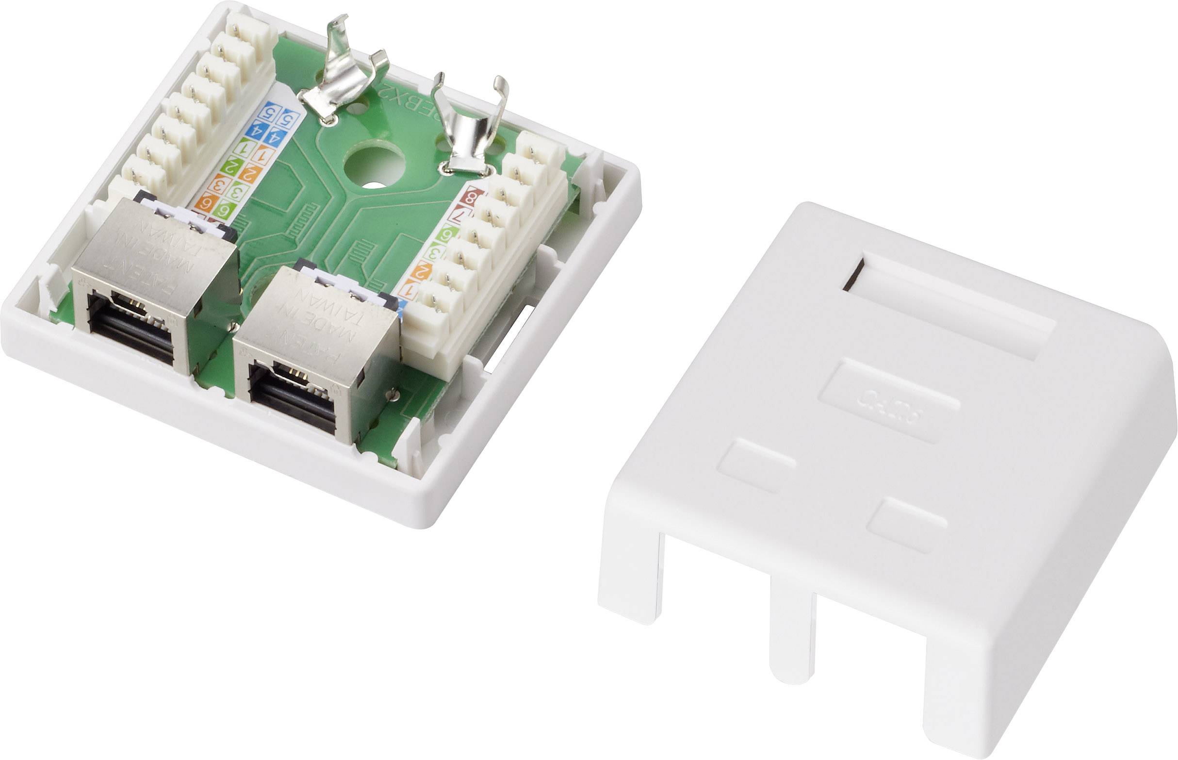 'Wall-mounted network socket, open. Left: Interior view with two Ethernet ports and colour-coded cable diagrams. Right: Cover.'