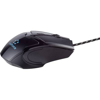Black wired gaming mouse with logo on the top surface. Robust design, ergonomic shape for comfortable handling.