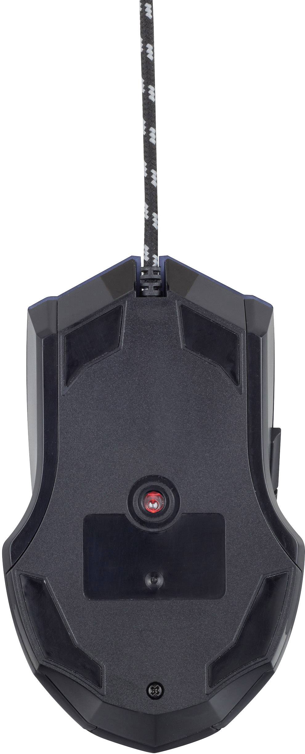Black gaming mouse viewed from underneath, with a red sensor in the centre and a braided cable. Suitable for individuals who play computer games.