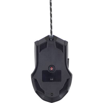Black gaming mouse viewed from underneath, with a red sensor in the centre and a braided cable. Suitable for individuals who play computer games.