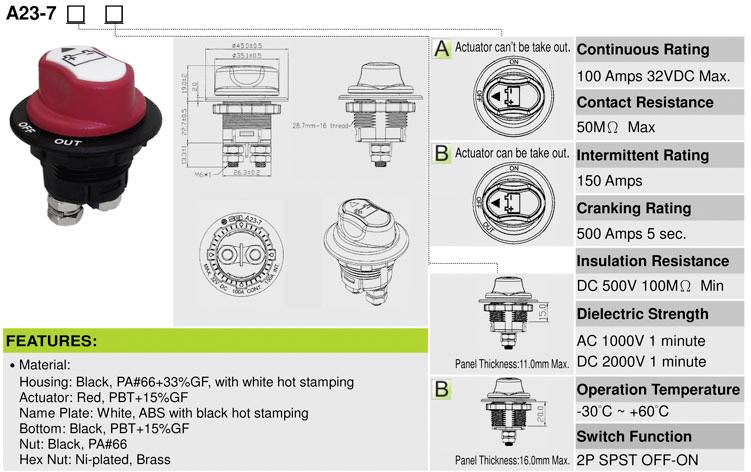 'Component A23-7: Red Push Button, 100A 32V DC, Contact Resistance max. 50mΩ, Insulation Resistance 100MΩ, Operating Temperature -30 to 60°C.'