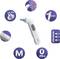 Digital ear thermometer with display, showing 36.6 degrees Celsius. Symbols: 1 second measurement time, 21x cap protection, suitable from 0 months.