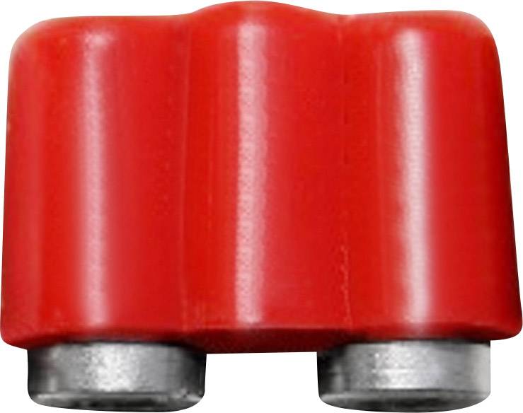 Red Lego Duplo building block with two studs, rectangular in shape.