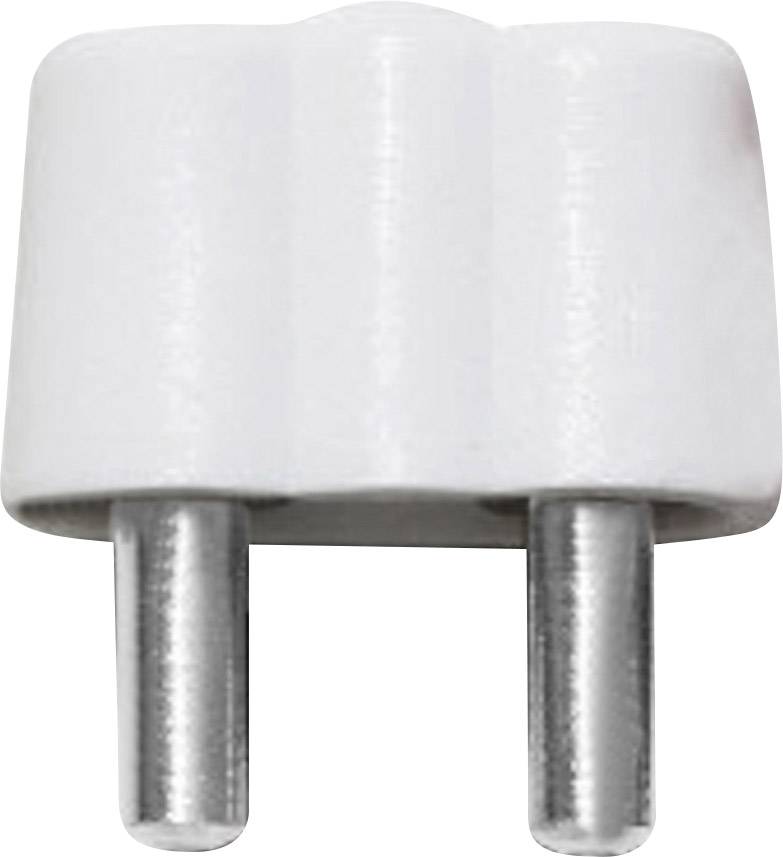 A white, two-pin European plug with round metal pins, typical of European electrical sockets.