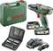 A cordless drill set comprising a drill, two batteries, a charger, a carry case, and a set of drill bits and driver bits.