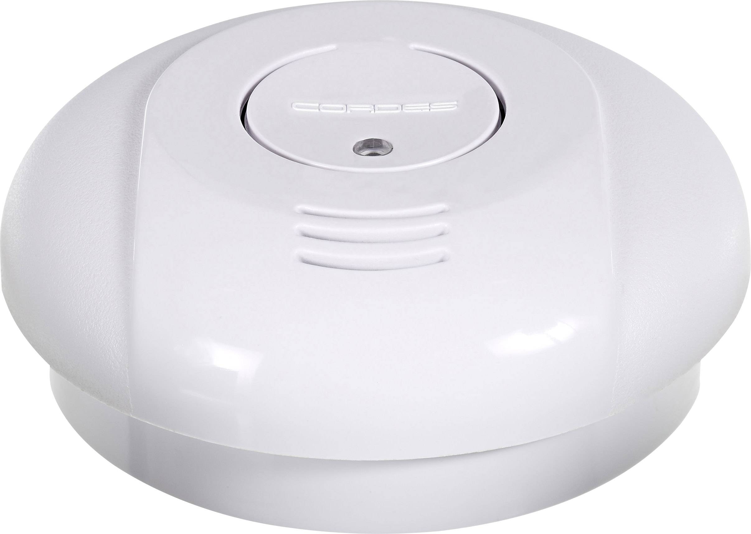 Smoke detector in white with a central button, used for early detection of smoke and to increase safety in indoor spaces.<br><br>White smoke alarm with a central button, designed for early smoke detection and enhanced indoor safety.