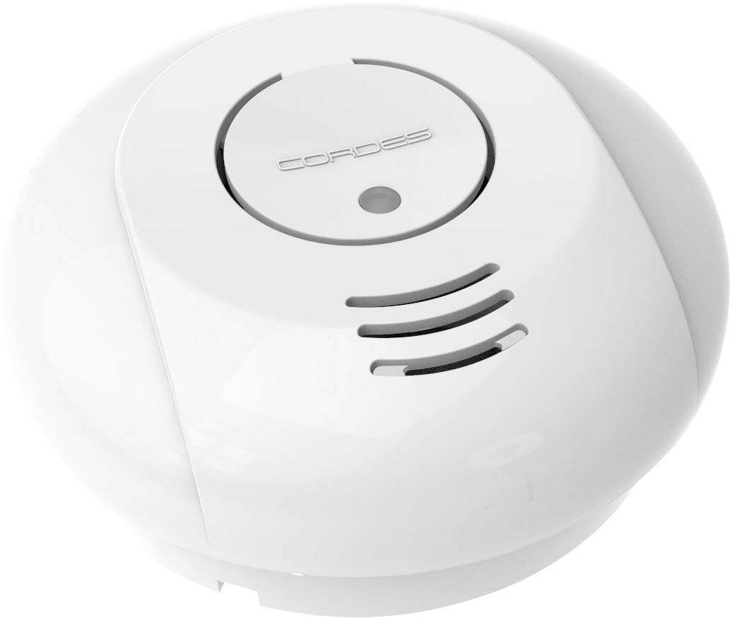 Round smoke detector with 'Cordes' inscription in the centre, surrounded by ventilation slots; used for early fire detection in indoor spaces.