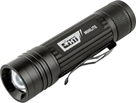 A black, cylindrical torch lies on its side. It has a clip and a visible logo on the side.